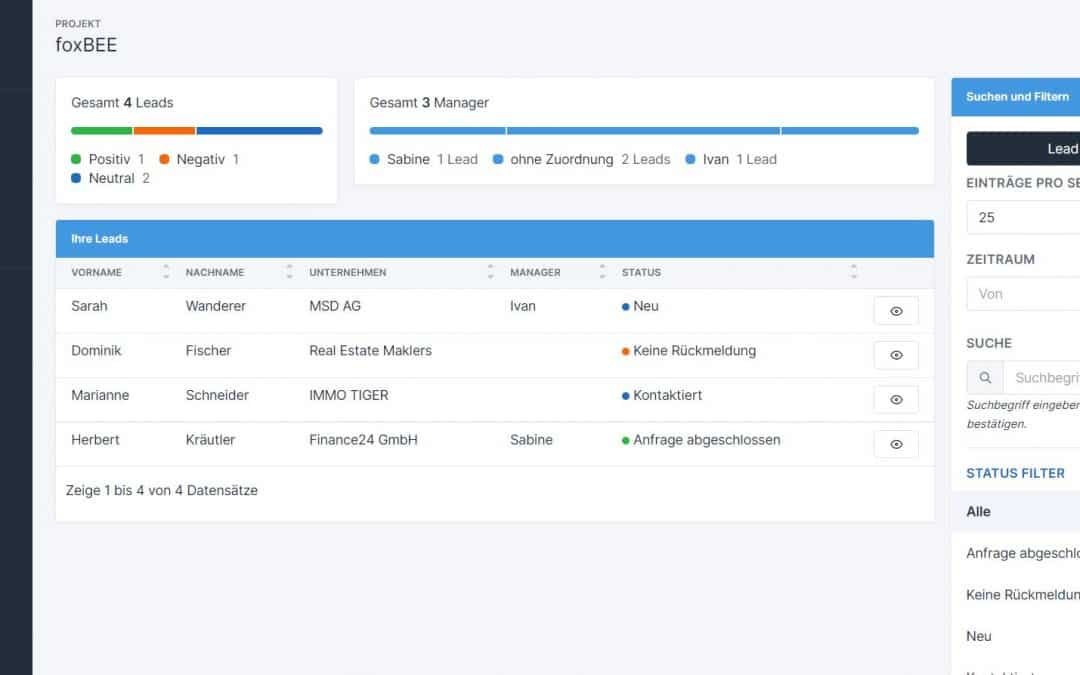 foxBEE CRM – echtes Produkt-Dashboard